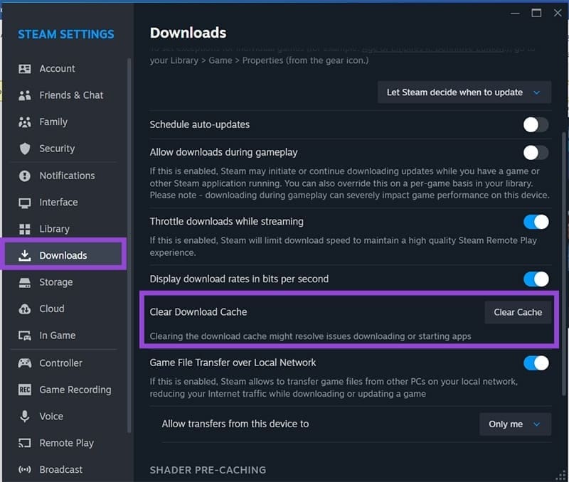 Accessing Download Settings in Steam