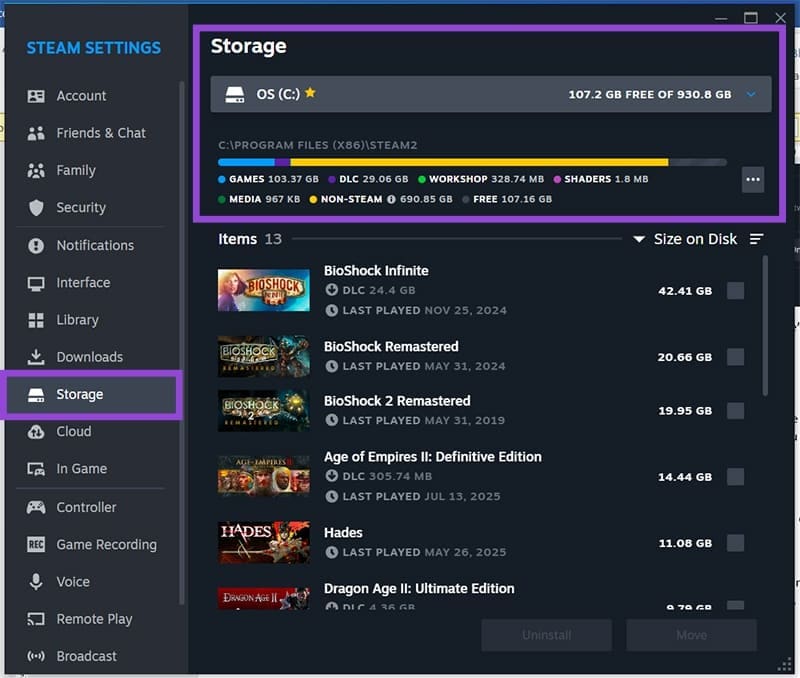 Selecting Storage Settings in Steam