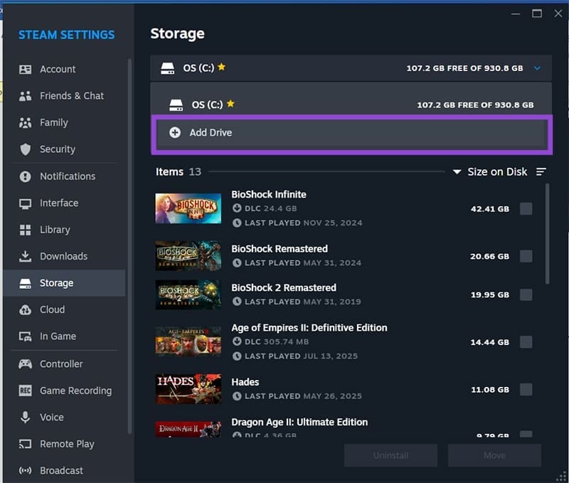 Adding a New Drive for Steam Installations