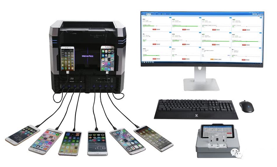 Massistant forensic tool setup showcasing a tower computer connected to multiple iPhones for data extraction.