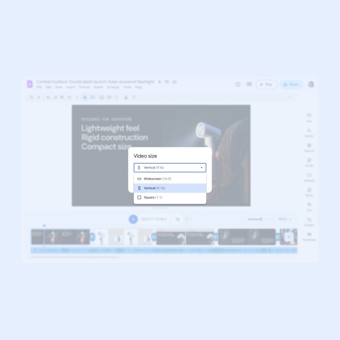 Screenshot of Google Vids video editor highlighting the feature for selecting various video formats.