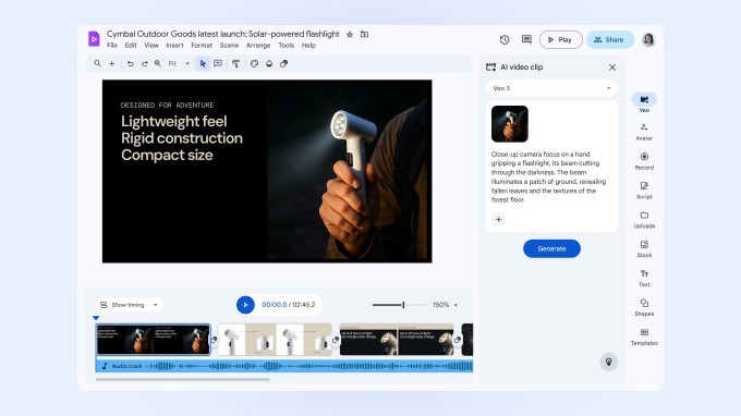 Screenshot of Google Vids video editor demonstrating the image-to-video generation feature powered by Google's Veo 3 model.